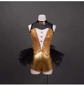 Girls kids black with gold sequinsJazz dance wear Magician performance tuxedo costumes birthday party dress up Outfits for toddlers